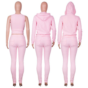 Solid Hooded Coat+Tank Top+Pants 3 Piece Sets