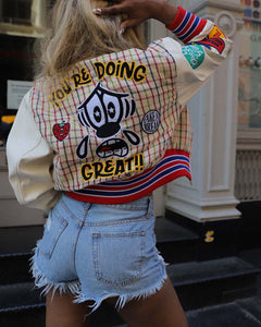 Print Button Color Block Baseball Jacket