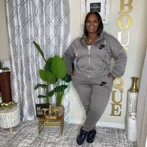 VIP1 Plus Size Embroidered Sport Long Sleeve Casual 2-Piece Set