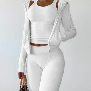 Solid Hooded Coat+Tank Top+Pants 3 Piece Sets