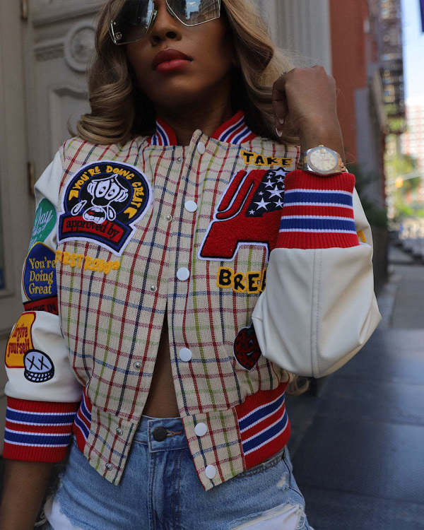 Print Button Color Block Baseball Jacket