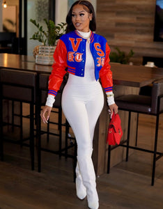 A Letter Embroidery Color Blocking Baseball Jacket