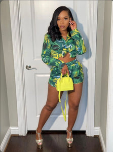 A Sexy Printed Long Sleeve Shirt And Shorts 2 Piece Sets