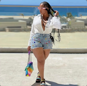 A Plus Size Denim Gemstone Jeans Shorts