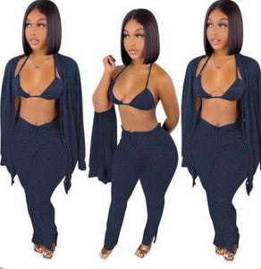 A Solid Ribbed Knit Bra Top+Cloak Coat+Split Pants 3 Piece Sets